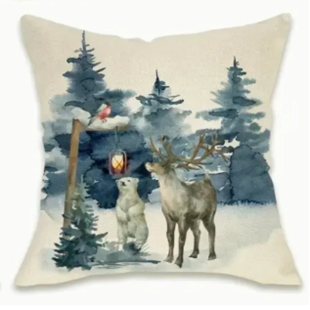NEW CHRISTMAS WATERCOLOR TREE DEER/BUCK POLAR BEAR LINEN BLEND PILLOW COVER 18